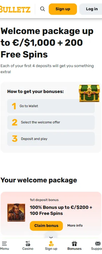 Bulletz Casino promotions view on a mobile browser