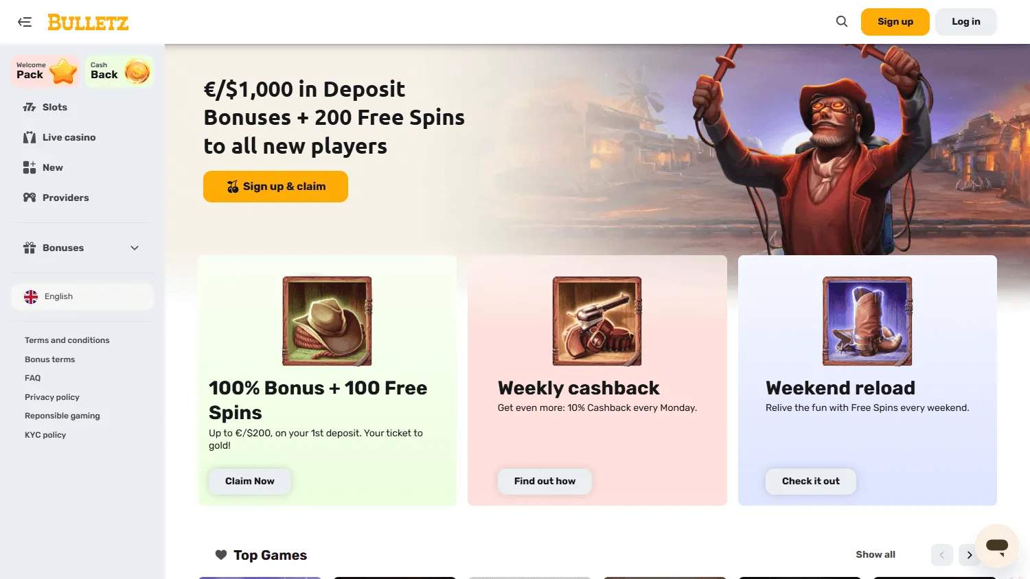Bulletz Casino home view on a desktop browser