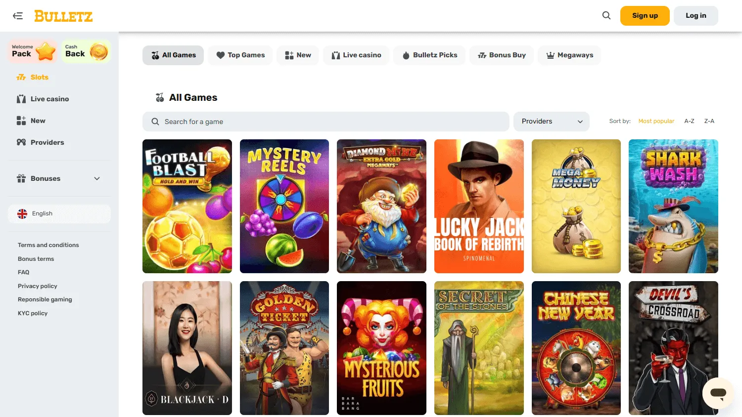 Bulletz Casino games view on a desktop browser