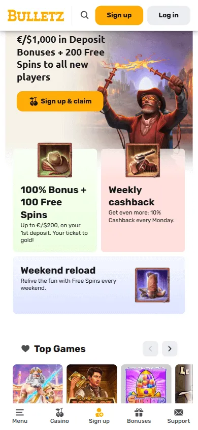 Bulletz Casino home view on a mobile browser
