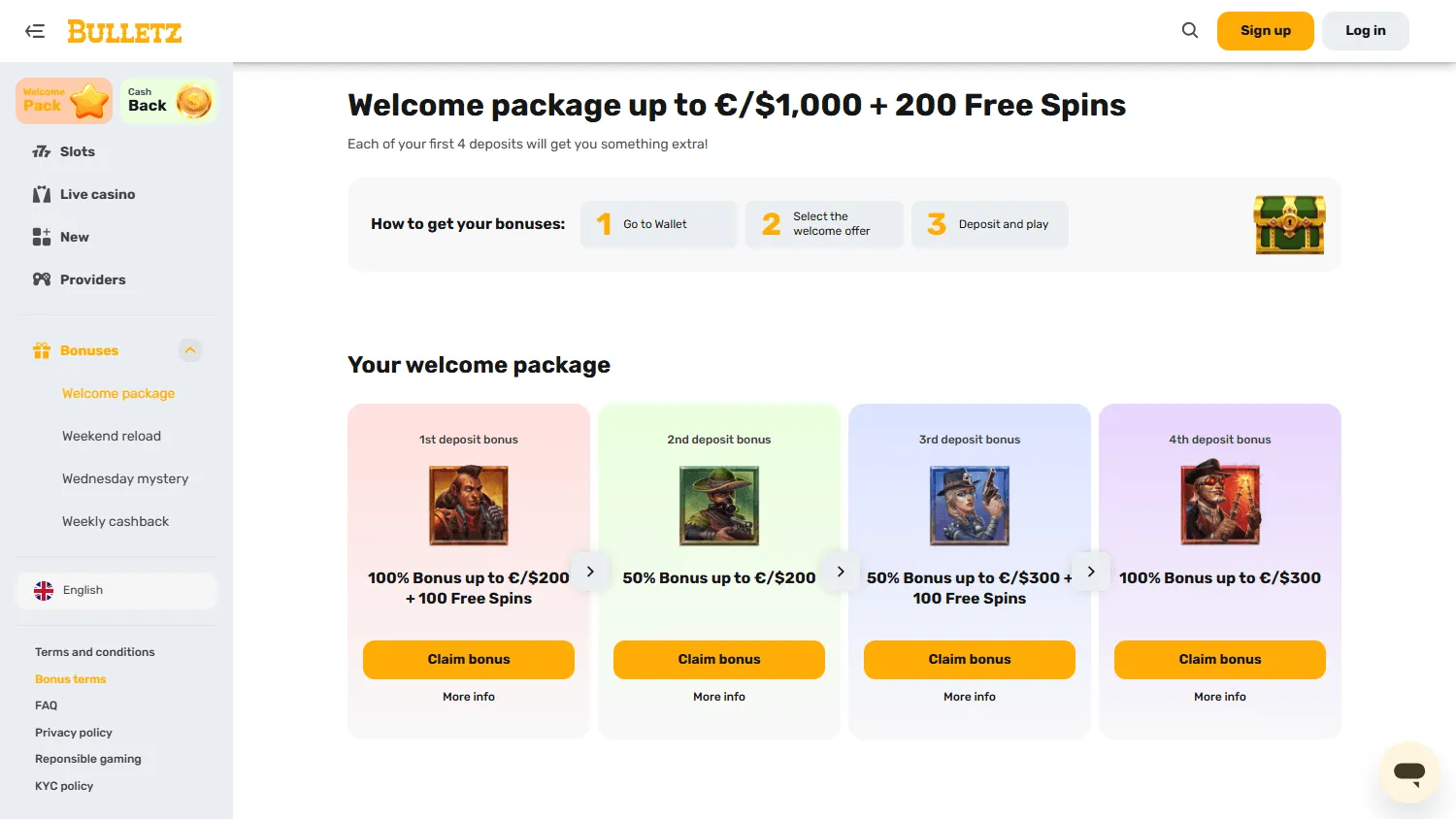 Bulletz Casino promotions view on a desktop browser