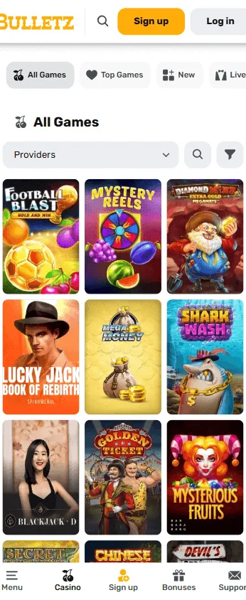 Bulletz Casino games view on a mobile browser